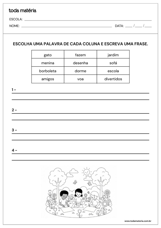 atividade de produção de frases selecionando palavras sugeridas em colunas