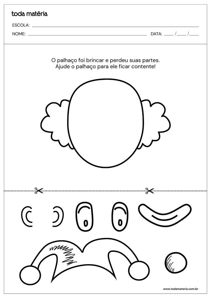 atividade de educação infantil para recortar e colar partes do rosto do palhaço