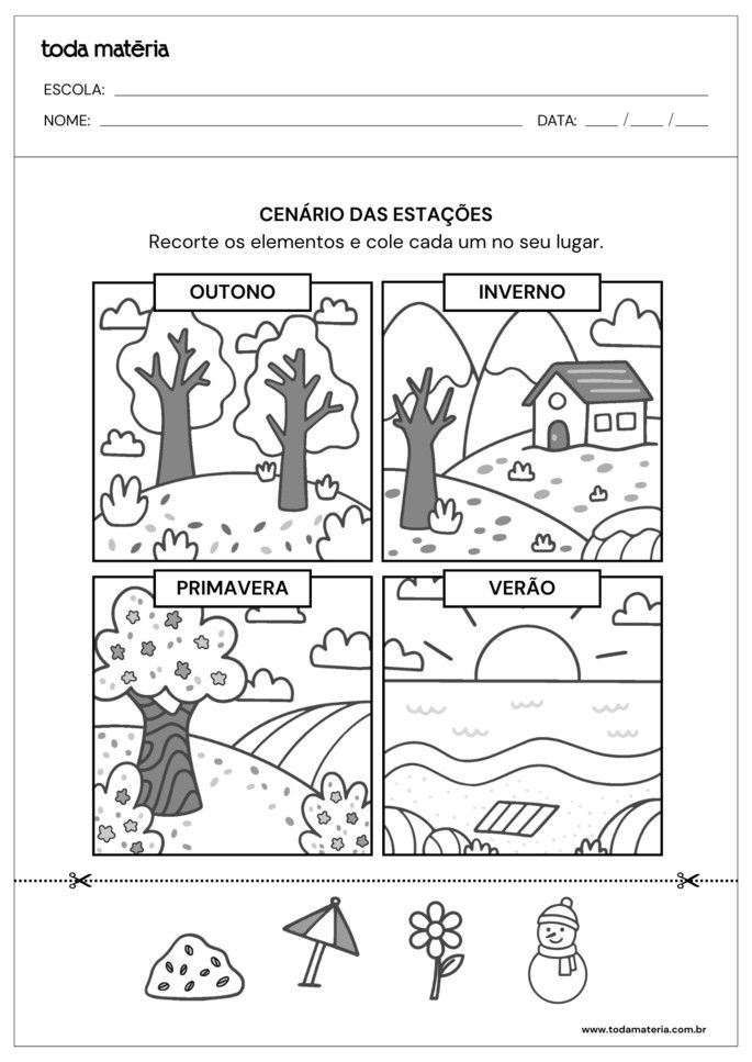 atividade de educação infantil para recortar e colar cenários das estações do ano