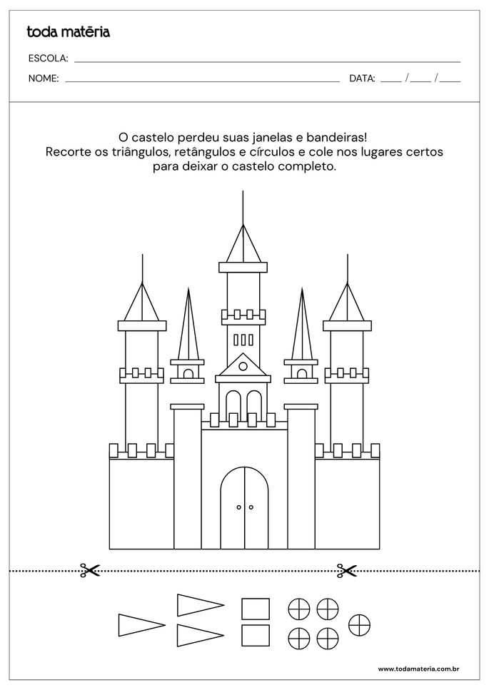 atividade de educação infantil para recortar e colar figuras geométricas em castelo