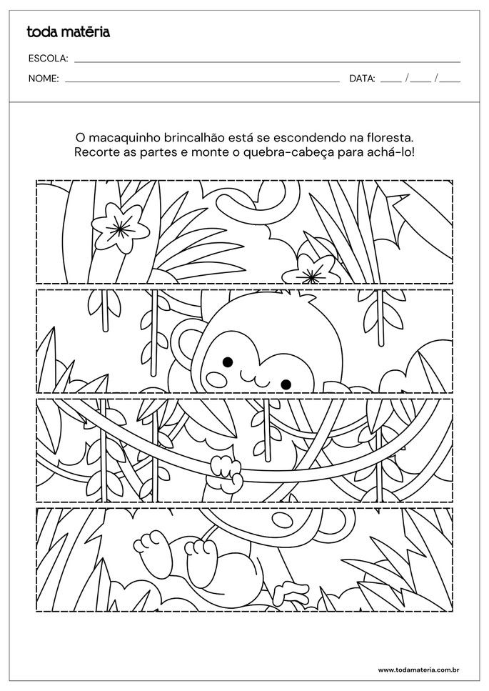 atividade de educação infantil para recortar e colar quebra-cabeça horizontal de macaco