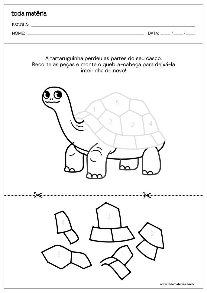 atividade de educação infantil para recortar e colar partes do casco da tartaruga