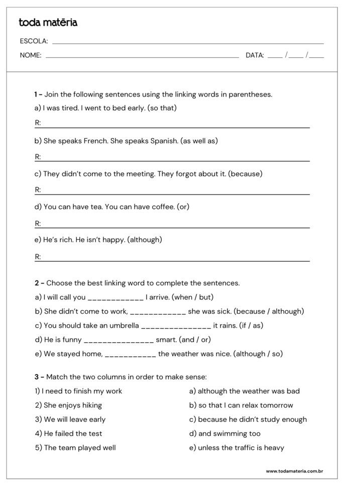 atividades de reescrever frases, completar e ligar sobre conjuncoes em ingles