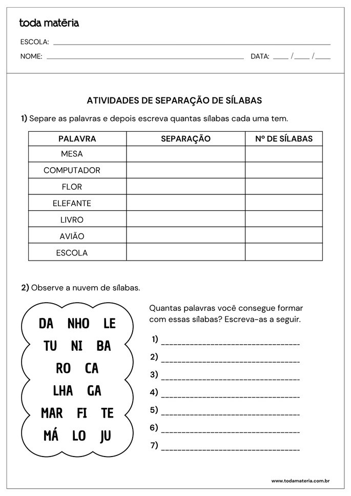 Atividades de separa&ccedil;&atilde;o de s&iacute;labas para o 3&ordm; ano do Fundamental (para imprimir).