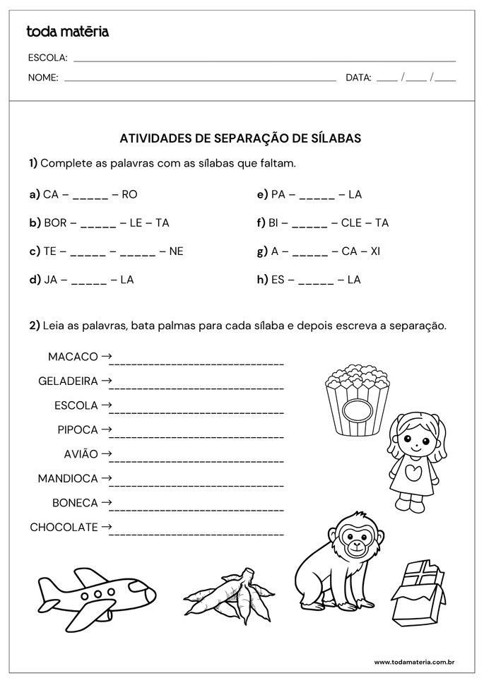Atividades de separa&ccedil;&atilde;o de s&iacute;labas para o 3&ordm; ano do Fundamental (para imprimir).