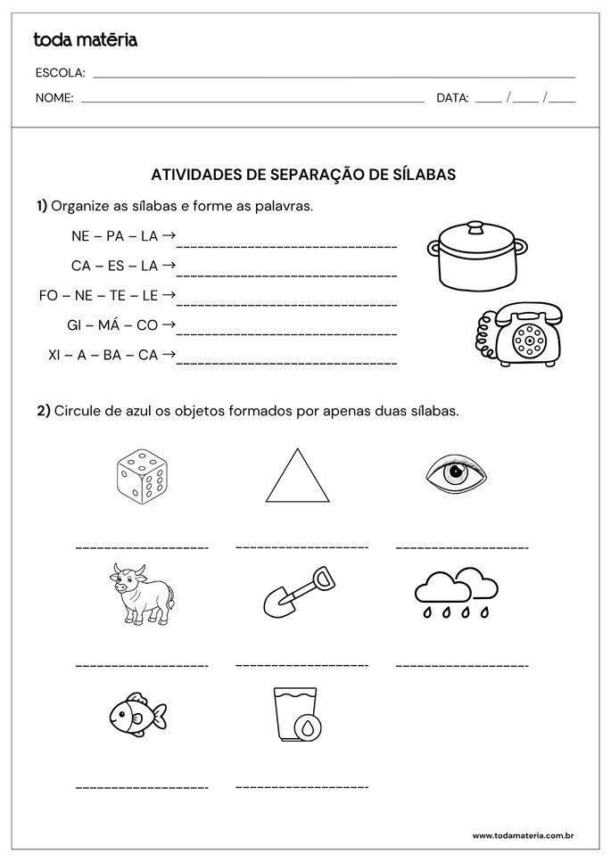 Atividades de separa&ccedil;&atilde;o de s&iacute;labas para o 3&ordm; ano do Fundamental (para imprimir).