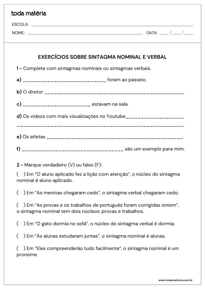 atividades-de-sintagma-nominal-e-verbal-complete e verdadeiro ou falso