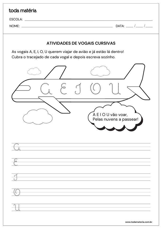 atividades de vogais cursivas para cobrir tracejado e treinar caligrafia