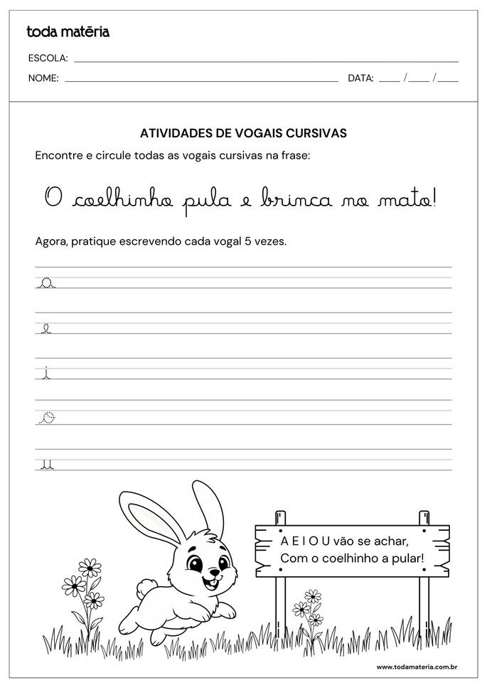 atividade de treino de caligrafia de vogais cursivas