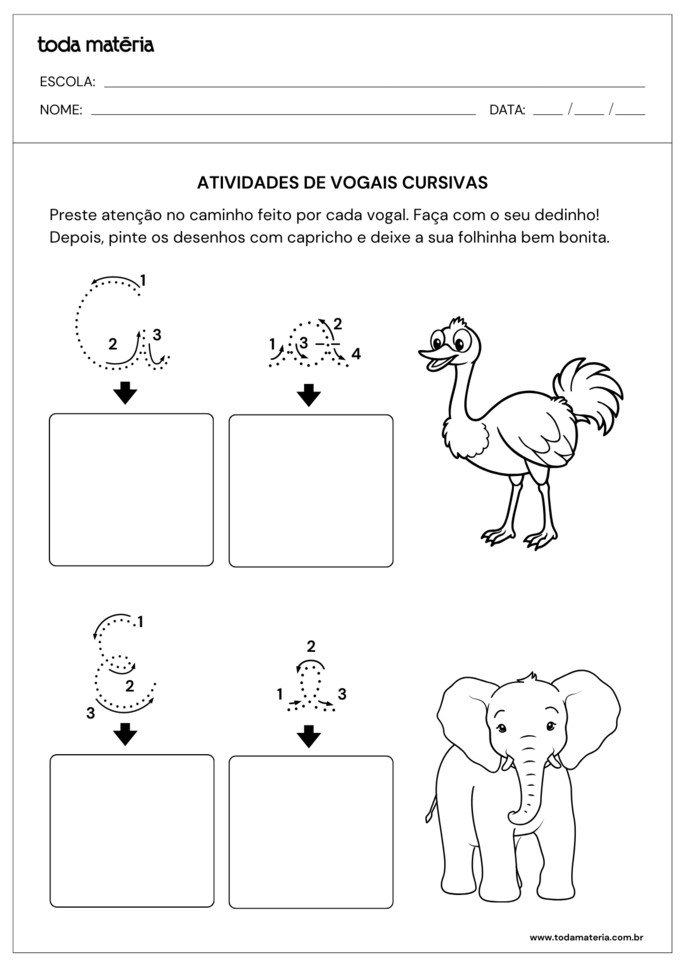 atividades de vogais A e E cursivas mai&uacute;sculas e min&uacute;sculas