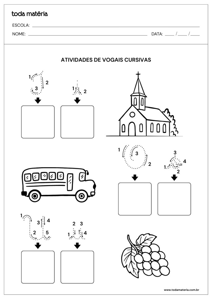 atividades de vogais I, O e U cursivas mai&uacute;sculas e min&uacute;sculas