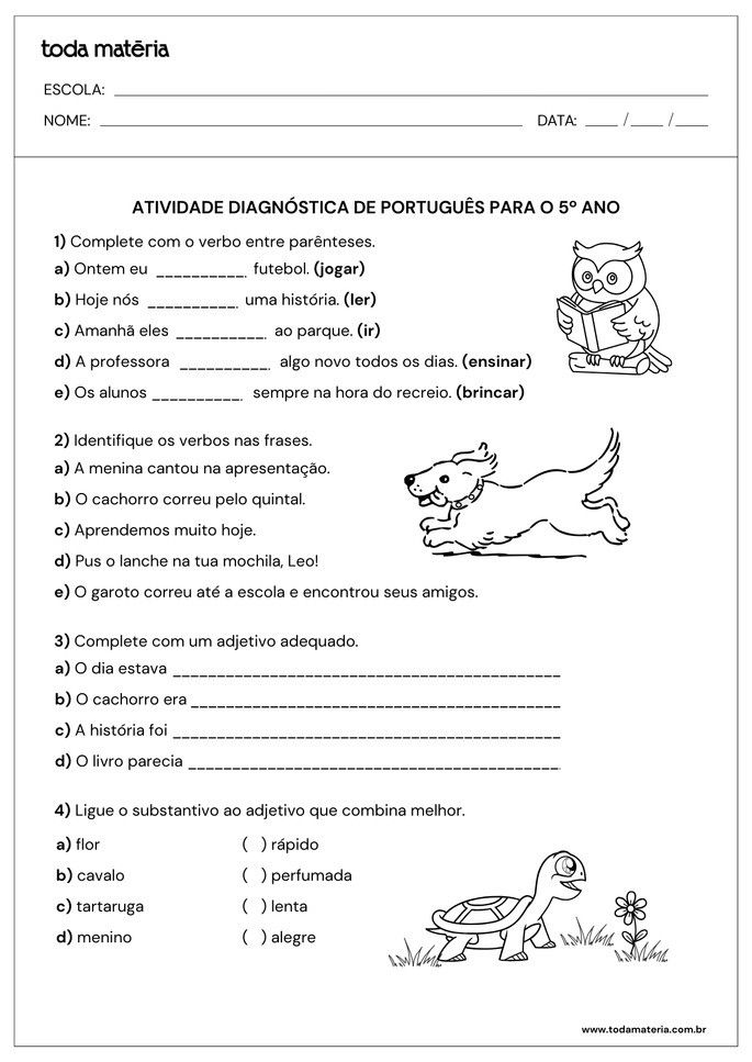 atividade diagn&oacute;stica sobre verbos a adjetivos para 5&ordm; ano