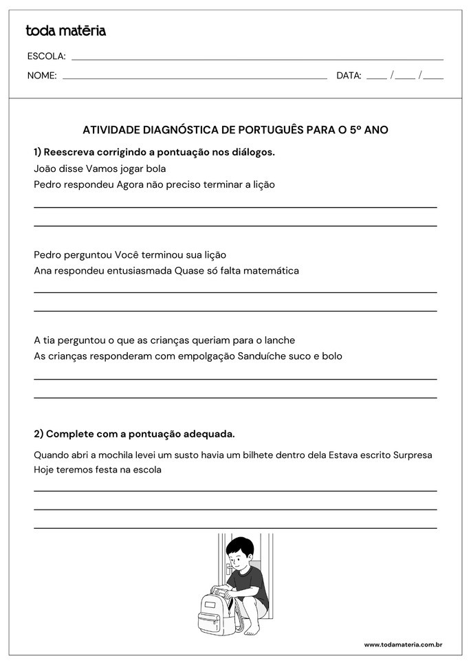 atividade diagn&oacute;stica de pontua&ccedil;&atilde;o para 5&ordm; ano