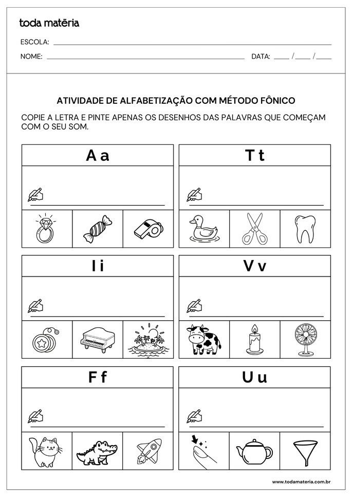 atividade de alfabetiza&ccedil;&atilde;o com m&eacute;todo f&ocirc;nico de escrever e pintar palavras de acordo com o som