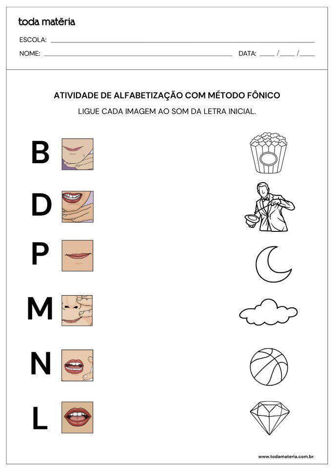 atividade de alfabetiza&ccedil;&atilde;o com m&eacute;todo f&ocirc;nico de ligar imagem ao som da letra inicial