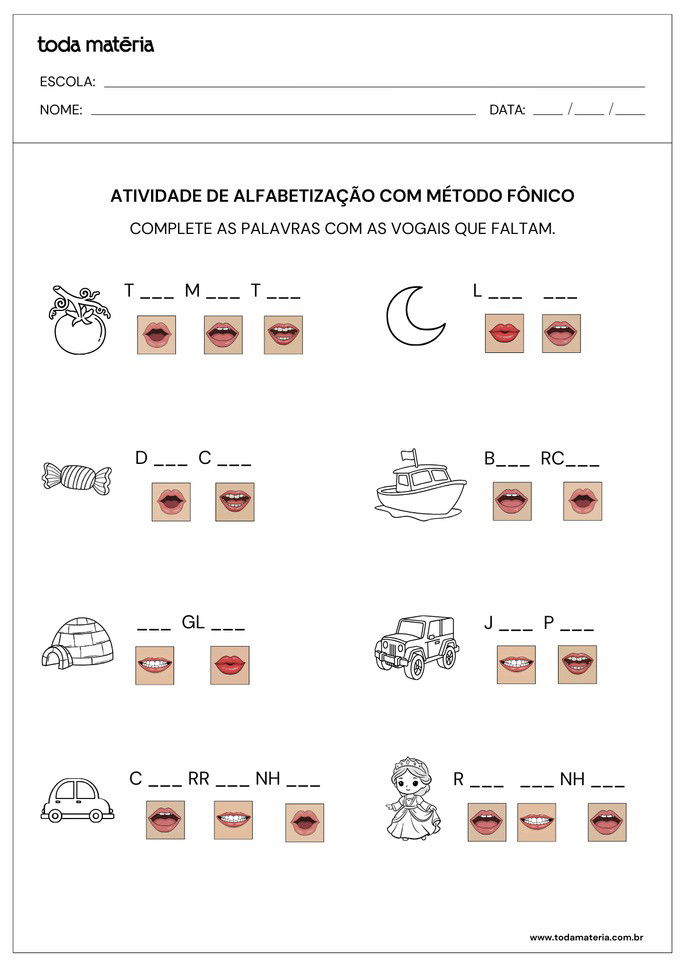 atividade de alfabetiza&ccedil;&atilde;o com m&eacute;todo f&ocirc;nico de completar palavras usando alfabeto fon&eacute;tico