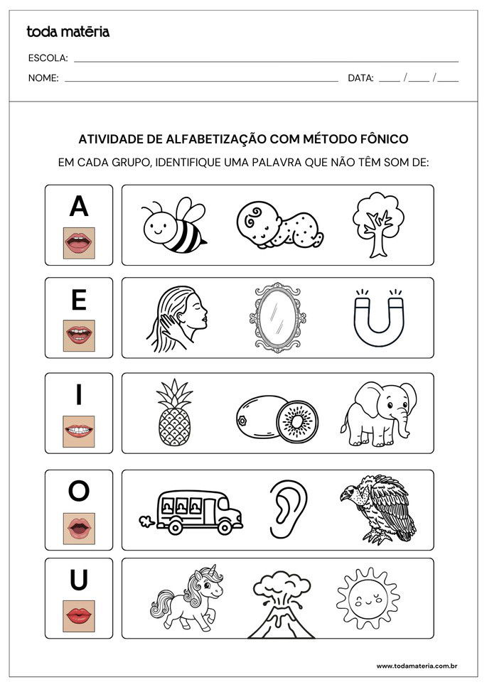 atividade de alfabetiza&ccedil;&atilde;o com m&eacute;todo f&ocirc;nico de identificar palavra que n&atilde;o t&ecirc;m o som em destaque