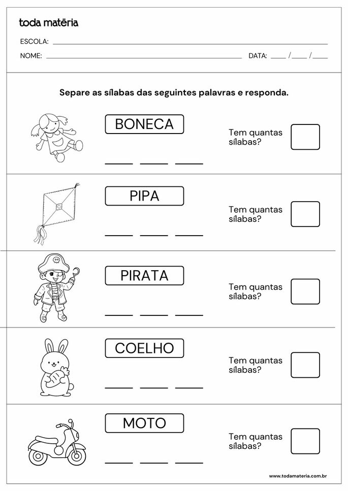 atividade de separação e contagem de sílabas