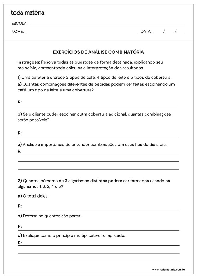 atividades sobre análise combinatória para 2º ano do ensino médio_folha 1