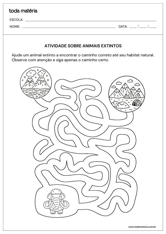 atividade de labirinto sobre animais extintos