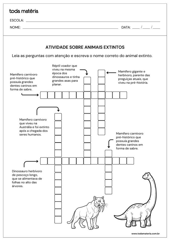 palavras cruzadas sobre animais extintos
