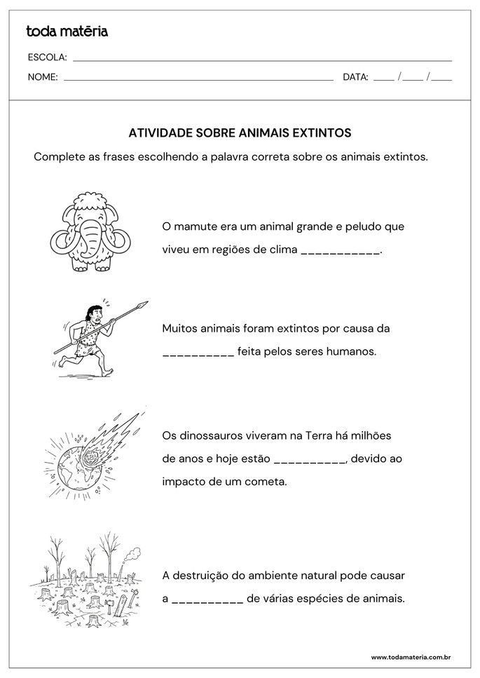 atividade de complete sobre animais extintos