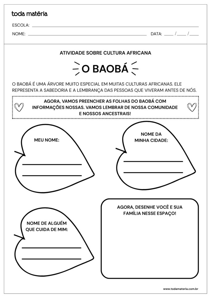 Atividade de escrever e desenhar sobre cultura africana para Educa&ccedil;&atilde;o Infantil