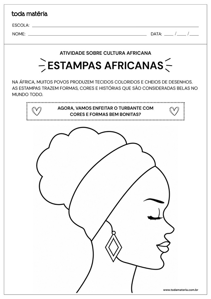 Atividade de desenhar e colorir sobre cultura africana para Educa&ccedil;&atilde;o Infantil