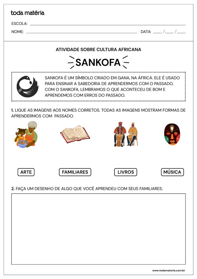 Atividade de ligar e desenhar sobre cultura africana para Educa&ccedil;&atilde;o Infantil