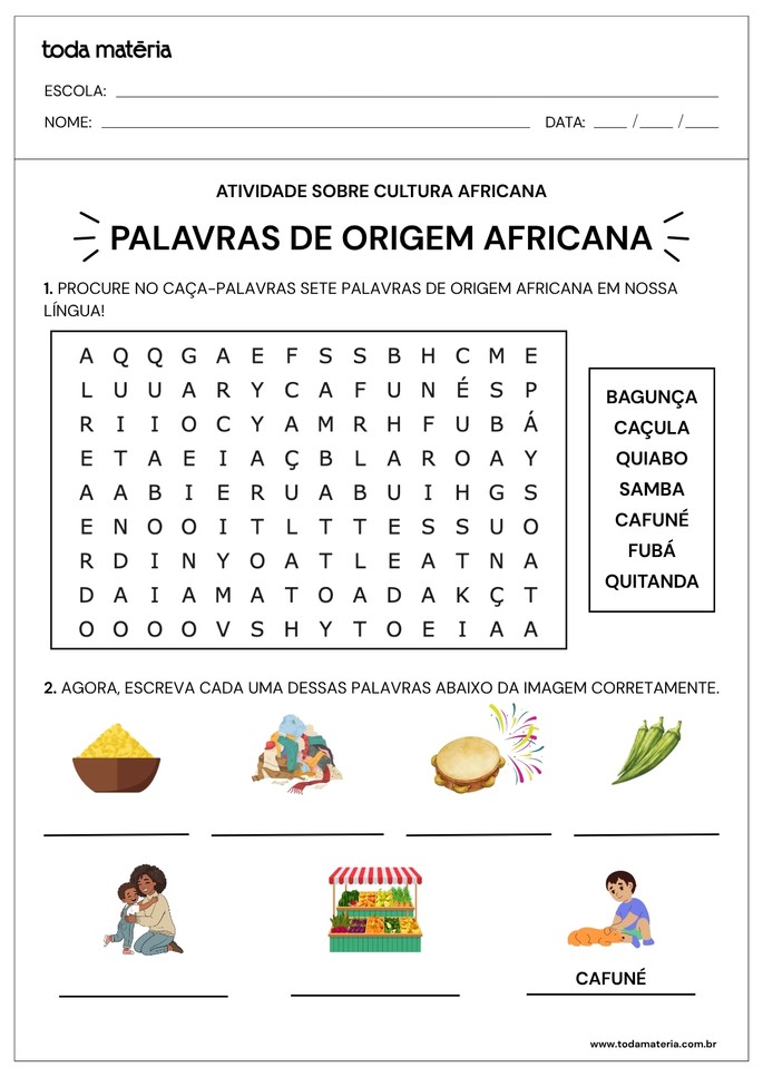 Atividade de ca&ccedil;a-palavras sobre cultura africana para Educa&ccedil;&atilde;o Infantil