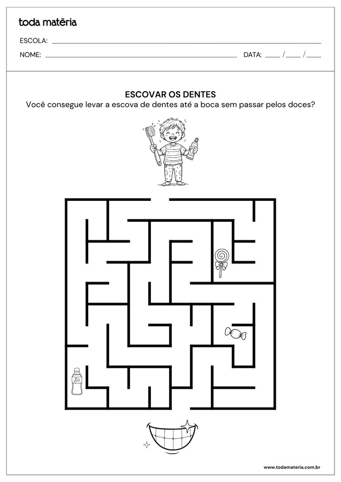 Atividade sobre higiene para educa&ccedil;&atilde;o infantil com labirinto de escova&ccedil;&atilde;o dos dentes