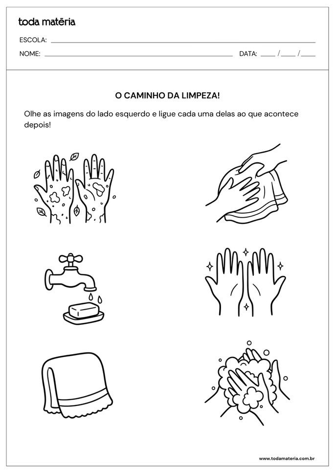 Atividade sobre higiene para educa&ccedil;&atilde;o infantil com ligue de lavagem das m&atilde;os