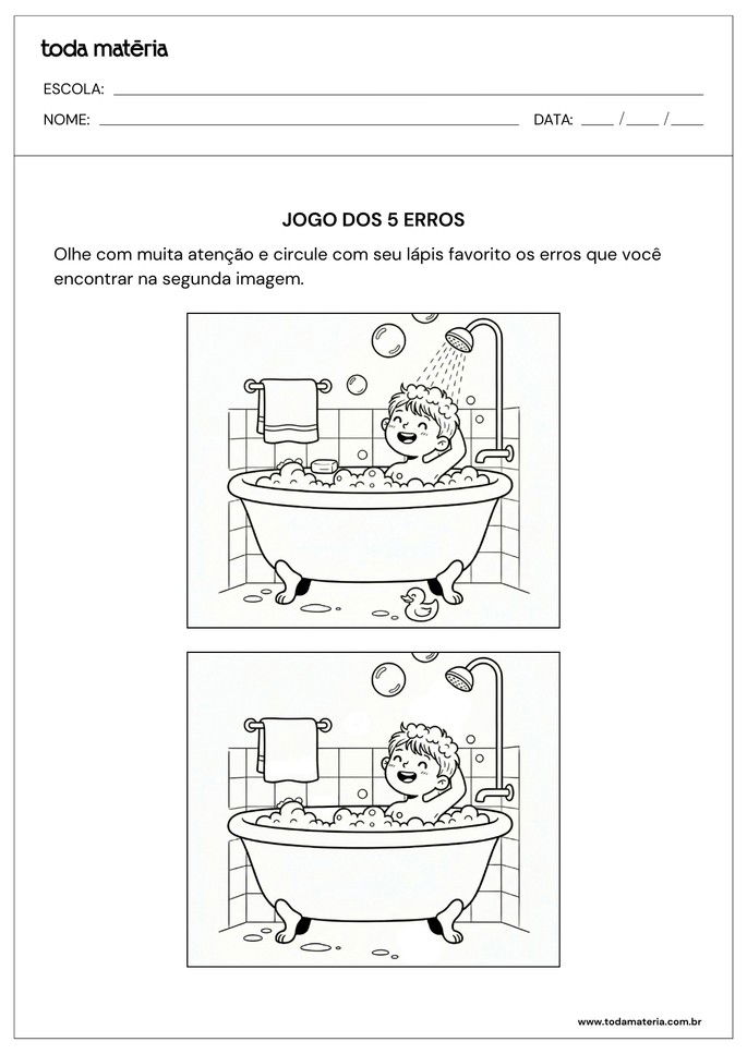 Atividade sobre higiene para educa&ccedil;&atilde;o infantil com jogo dos 5 erros