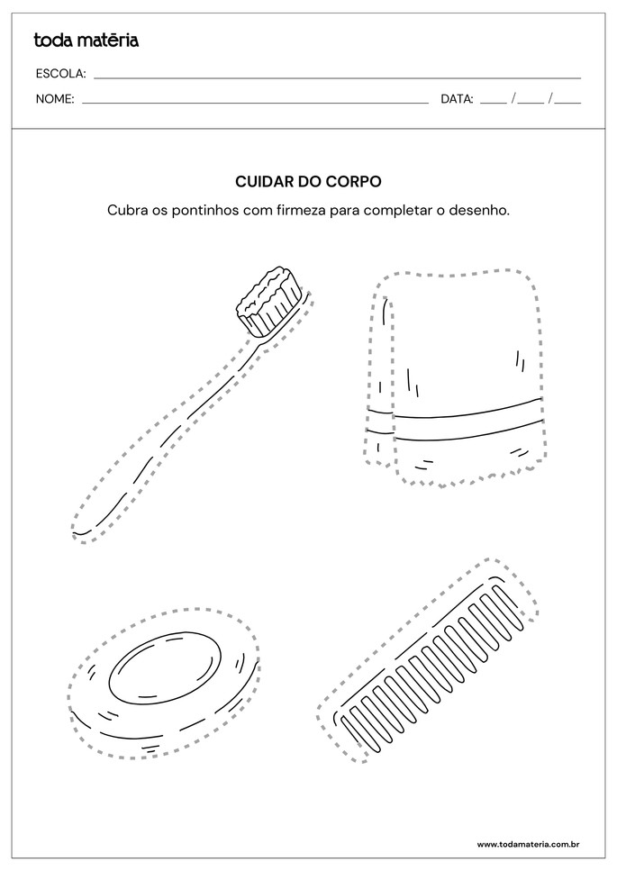 Atividade sobre higiene para educa&ccedil;&atilde;o infantil de cobrir tracejado dos objetos