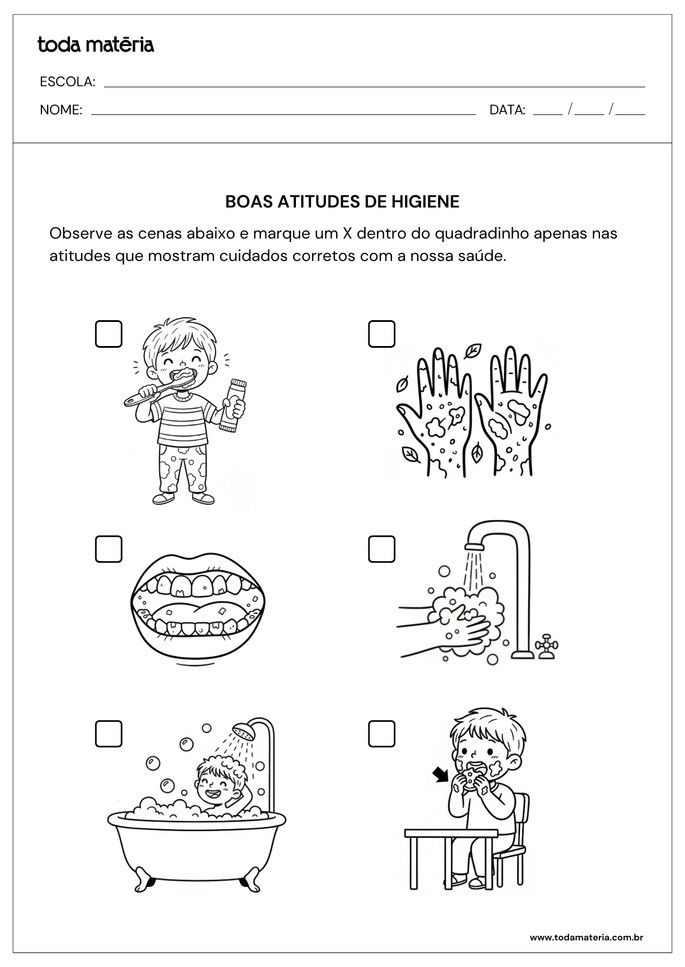 Atividade sobre higiene para educa&ccedil;&atilde;o infantil para identificar bons h&aacute;bitos