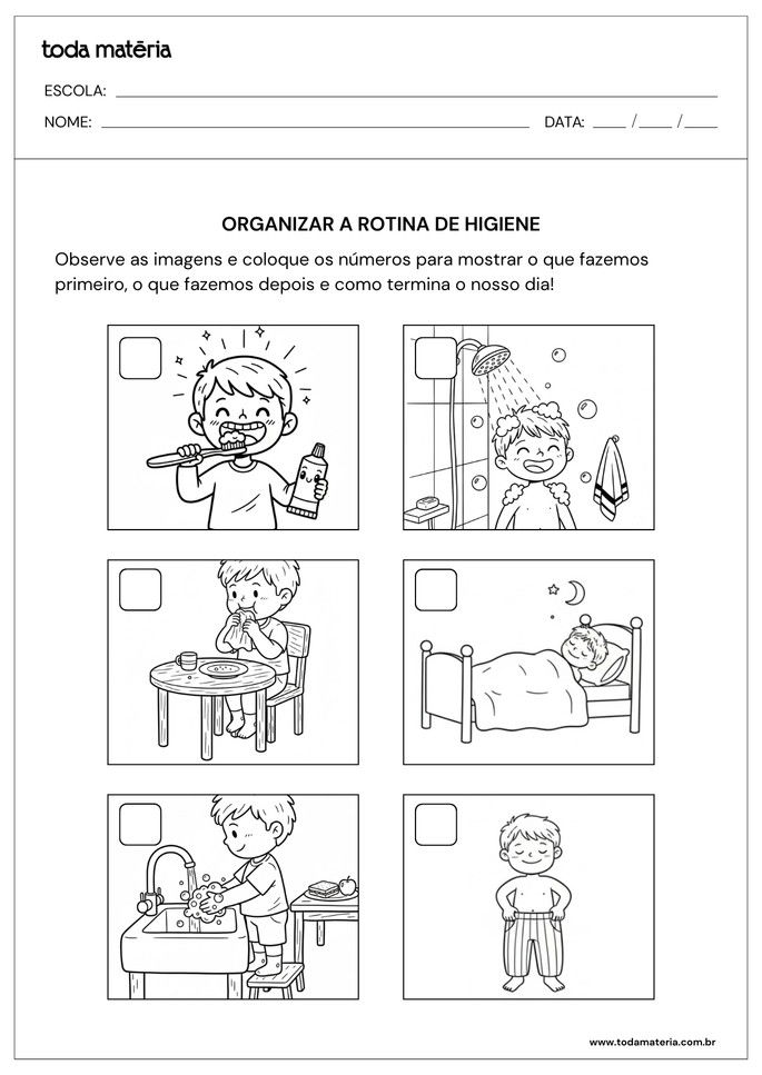 Atividade para educa&ccedil;&atilde;o infantil para ordenar a rotina de higiene