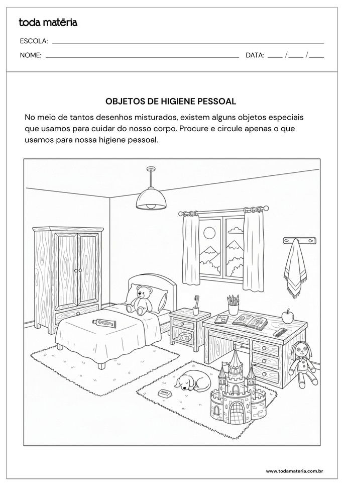 Atividade sobre higiene para educa&ccedil;&atilde;o infantil para identificar objetos de higiene