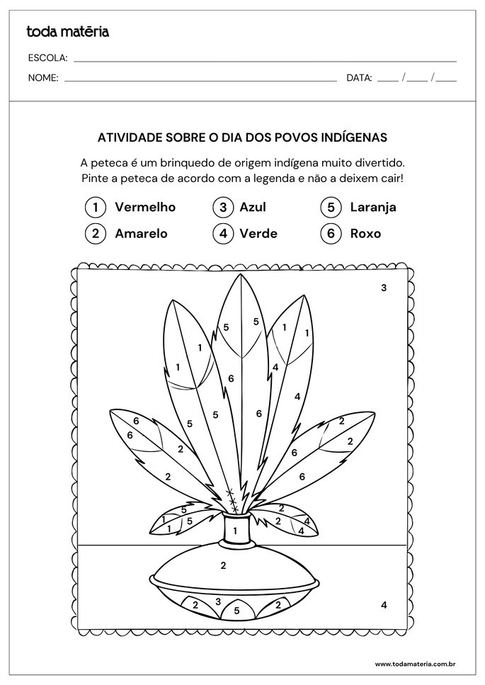 Atividade para pintar peteca de acordo com legenda numerada para o dia dos povos ind&iacute;genas
