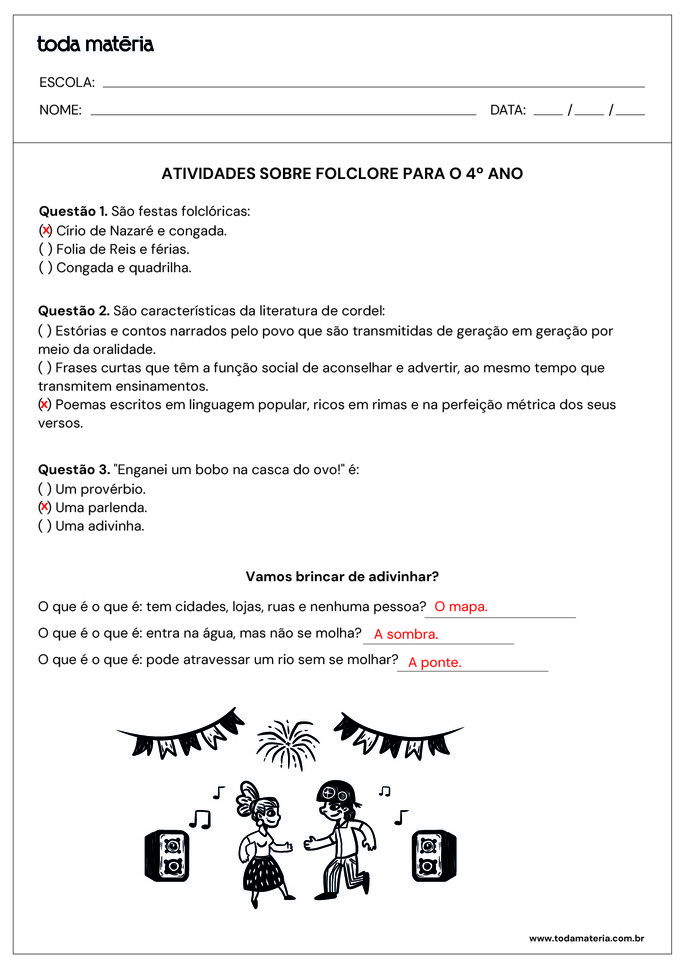 Atividade sobre o folclore_manifestações e adivinhas_4º ano_respostas