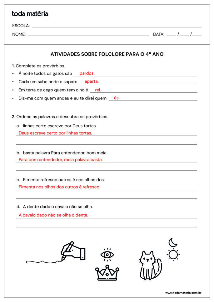 Atividade sobre o folclore_provérbios_4º ano_respostas