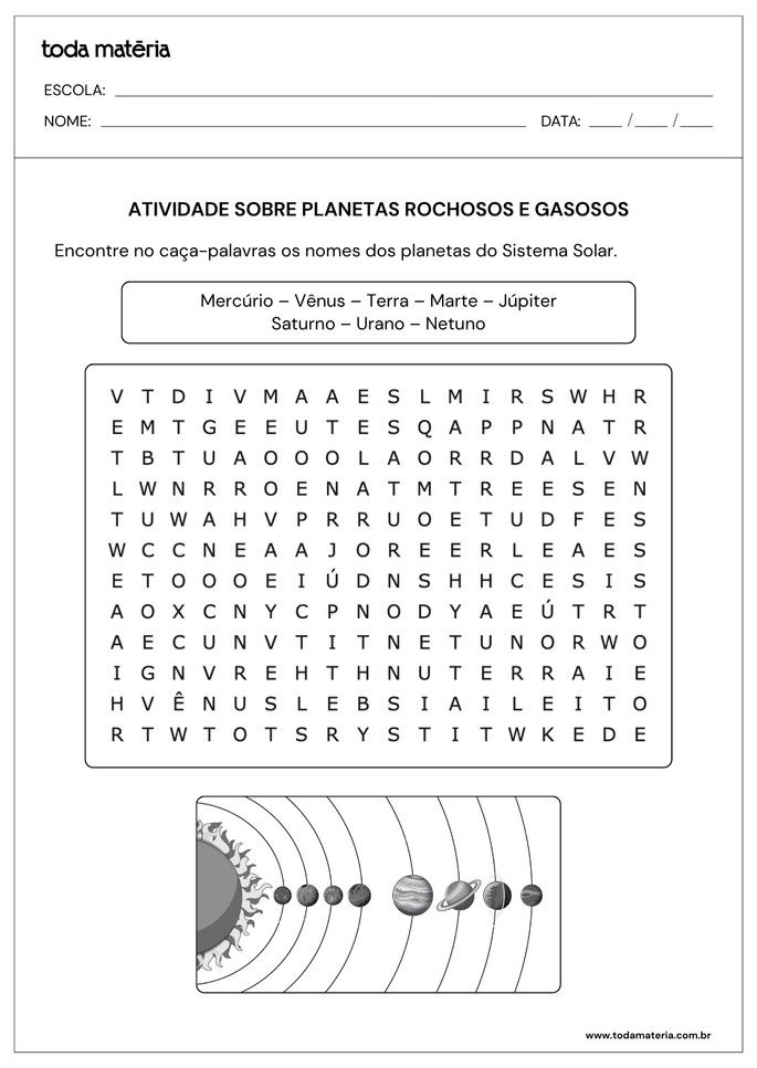 Ca&ccedil;a-palavras sobre planetas rochosos e gasosos
