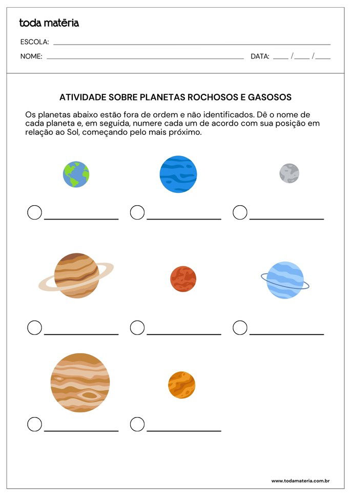 Identifica&ccedil;&atilde;o e ordena&ccedil;&atilde;o de planetas rochosos e gasosos