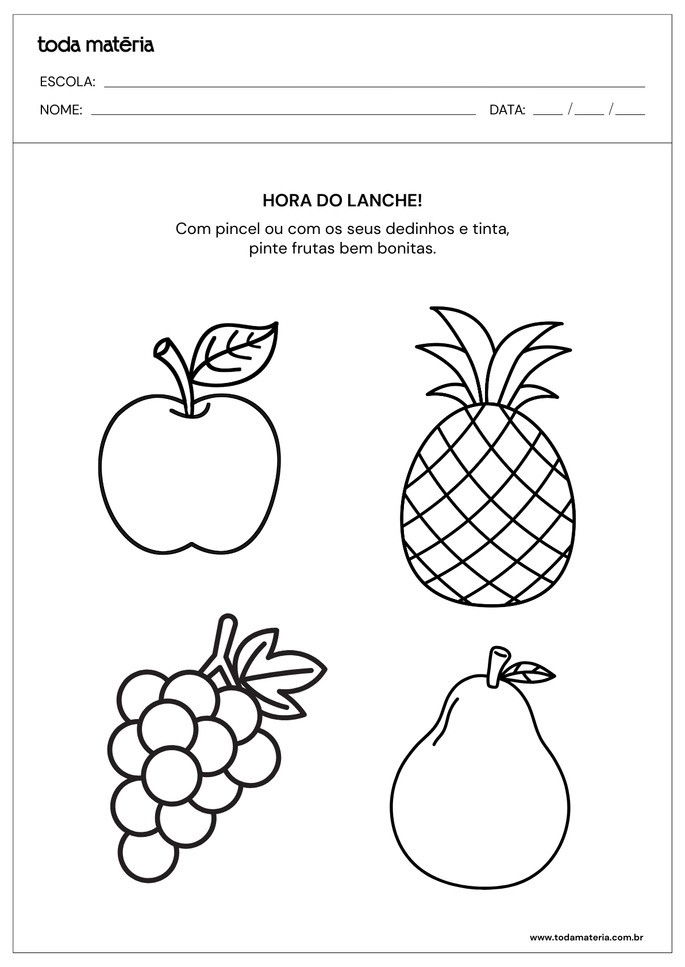 Atividade de coordena&ccedil;&atilde;o motora fina com pintura de frutas com pincel ou dedinho