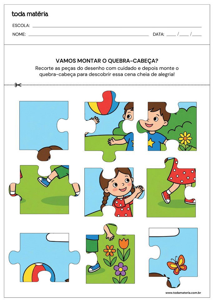 Atividade de coordena&ccedil;&atilde;o motora fina com recorte e montagem de quebra-cabe&ccedil;a