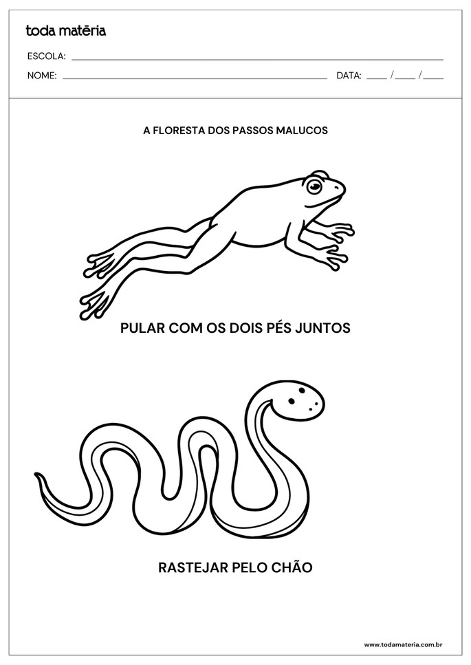 Atividade de coordena&ccedil;&atilde;o motora grossa para imitar movimento do sapo e da cobra