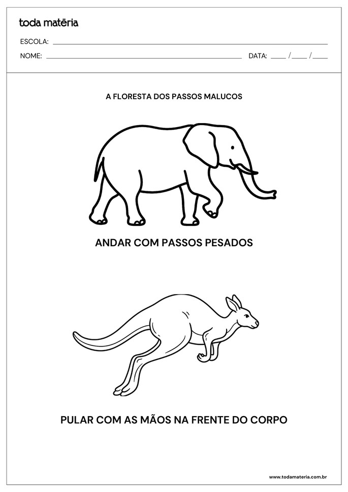 Atividade de coordena&ccedil;&atilde;o motora grossa para imitar movimento do elefante e do canguru