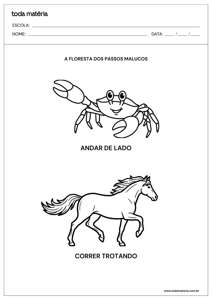 Atividade de coordena&ccedil;&atilde;o motora grossa para imitar movimento do caranguejo e da cavalo