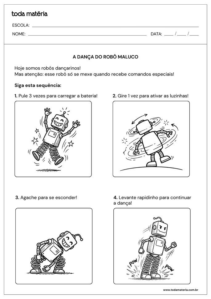Atividade de coordena&ccedil;&atilde;o motora grossa para fazer movimentos seguindo comandos