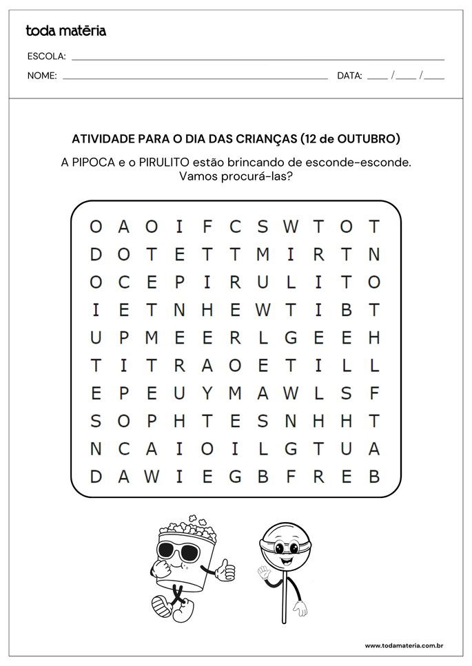 atividade do dia das crianças de caça-palavras para educação infantil com duas palavras