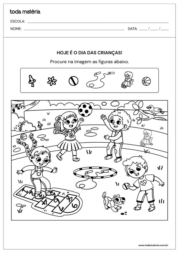 atividade do dia das crianças de encontrar objetos em imagem de crianças brincando ao ar livre